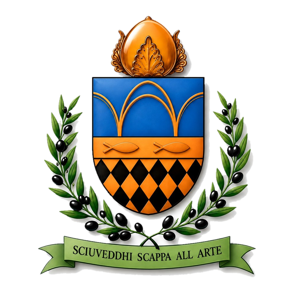 Blason de la Principauté artistique de Messapia — devise « Sciuveddhi scappa all’arte »